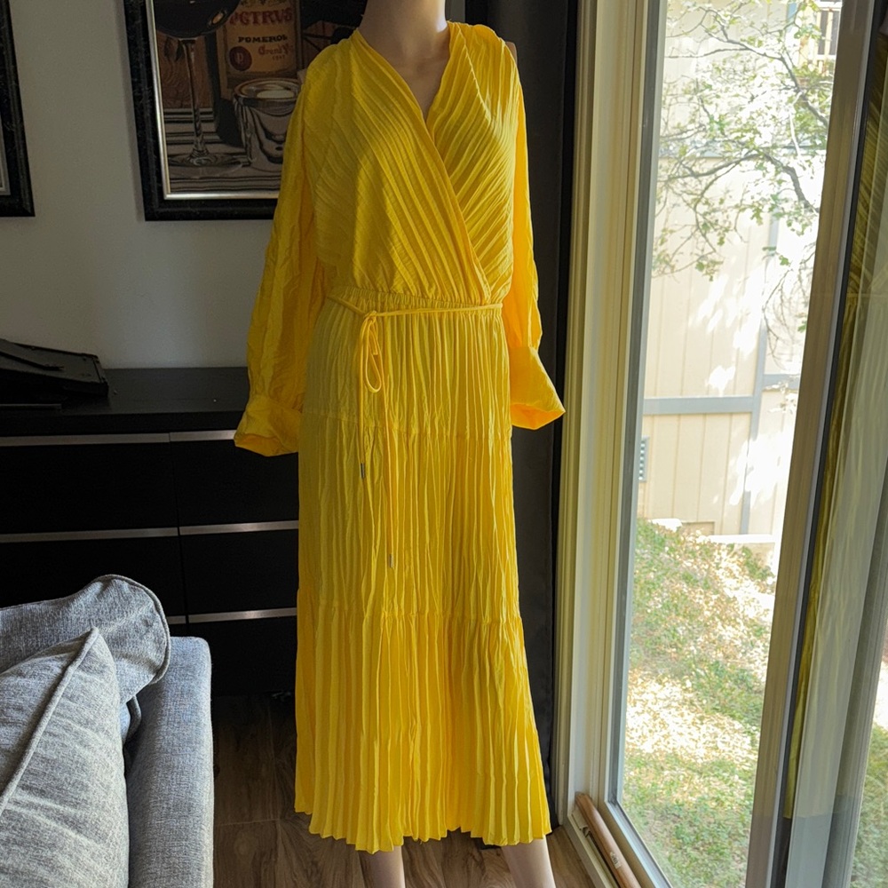 Yellow Pleated Cold Shoulder Women's Dress {P7}
